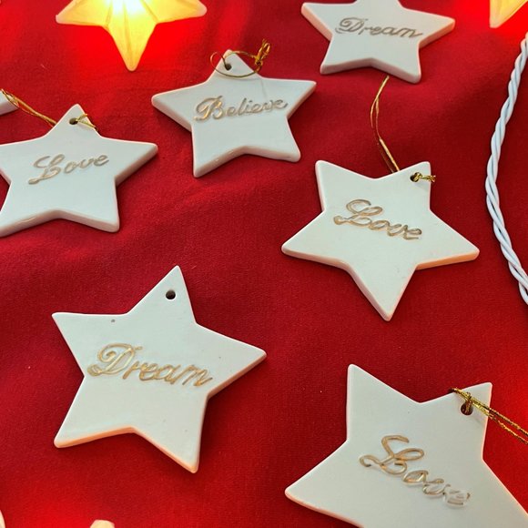 Ceramic Star Christmas Ornaments Lot - Dream, Believe, Love - White with Gold - Picture 6 of 7
